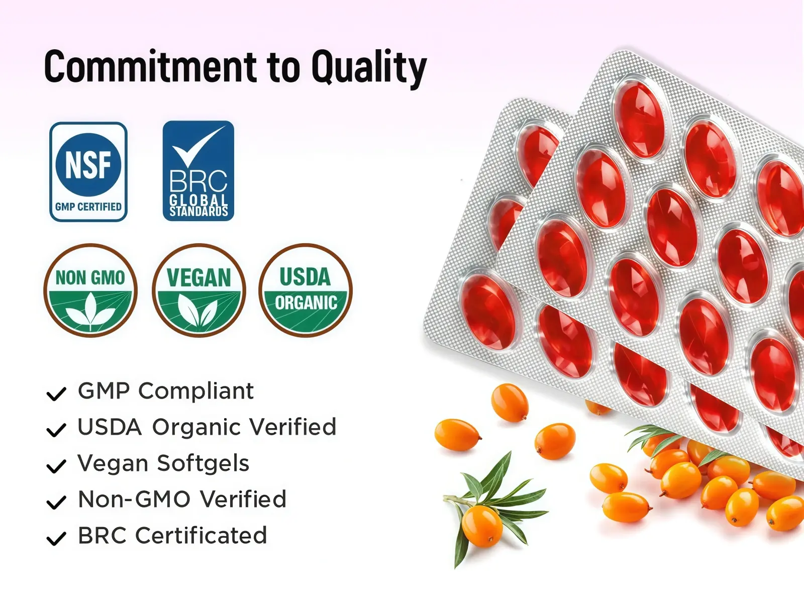 Sea Buckthorn Oil Softgels (Feminine Moisture Support) holds multiple certifications including GMP, heBRC, etc