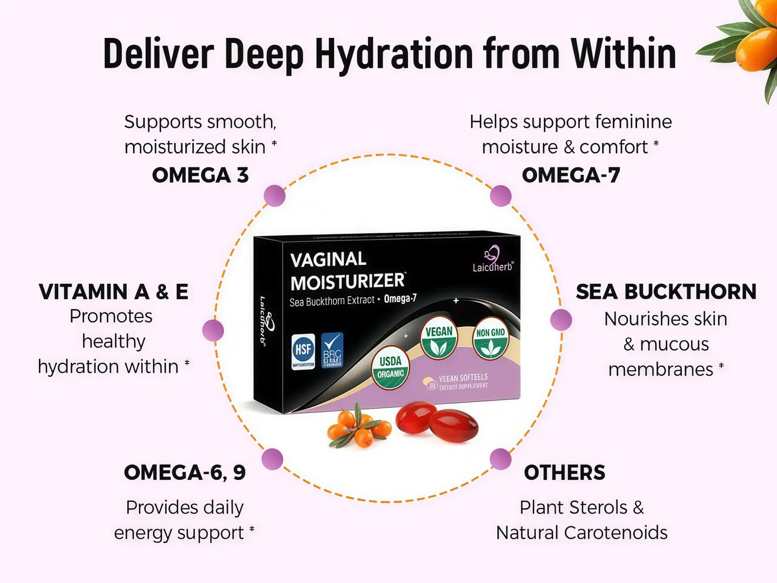 Sea Buckthorn Oil Softgels (Feminine Moisture Support) Deliver Deep Hydration from Within
