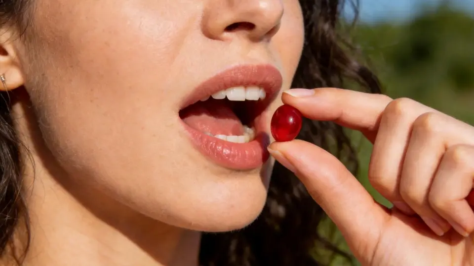 A woman is consuming Laicuherb's Feminine Moisture Support A woman is consuming Laicuherb's Feminine Moisture Support