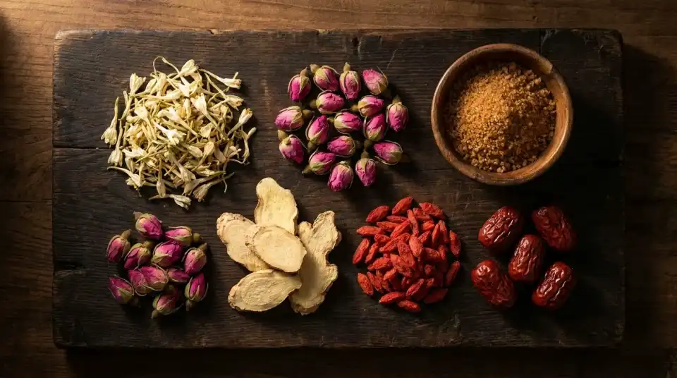 Raw botanical dry herbs of Bloom Hormone Balance Tea on a dark board