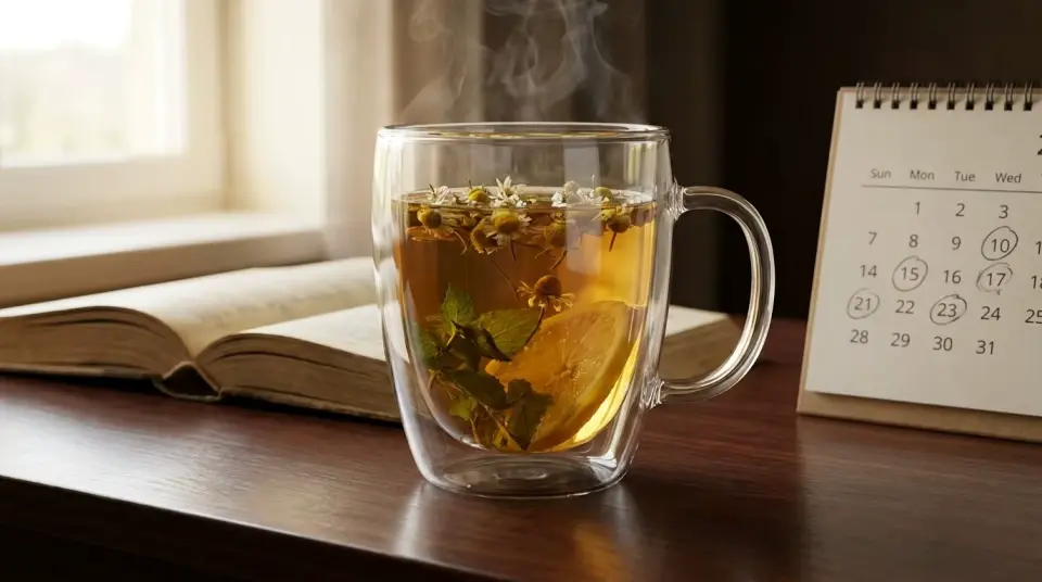 Brewing warm tea mug on a study desk next to cycle marking calendar Brewing warm tea mug on a study desk next to cycle marking calendar