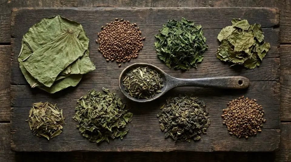 Raw botanical dry green tea ingredients beautifully laid flat on a dark board Raw botanical dry green tea ingredients beautifully laid flat on a dark board