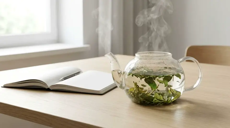Steaming glass teapot with green tea brewing on a minimal light oak office desk Steaming glass teapot with green tea brewing on a minimal light oak office desk