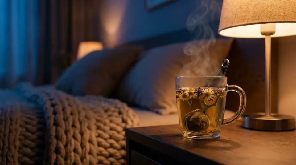 Clear glass mug of hot tea steeping on a nightstand under warm bedtime light