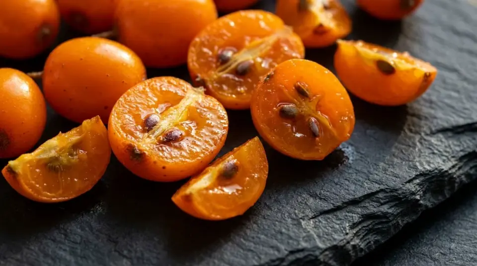 Close-up flat lay of sliced fresh orange sea buckthorn berries, showing seeds and pulp oil