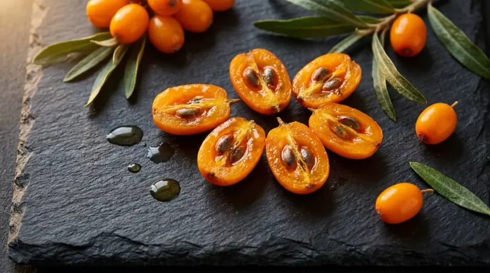 Sliced open sea buckthorn berries, revealing pulp and dark seeds