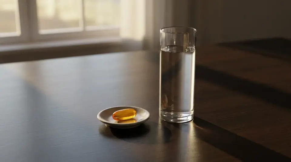 Glass of water next to a golden softgel capsule in the morning light Glass of water next to a golden softgel capsule in the morning light