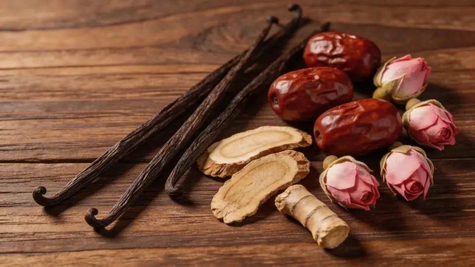 Premium loose herbs, dried ginger root, red dates, and pink rose buds arranged on a textured dark oak board Premium loose herbs, dried ginger root, red dates, and pink rose buds arranged on a textured dark oak board