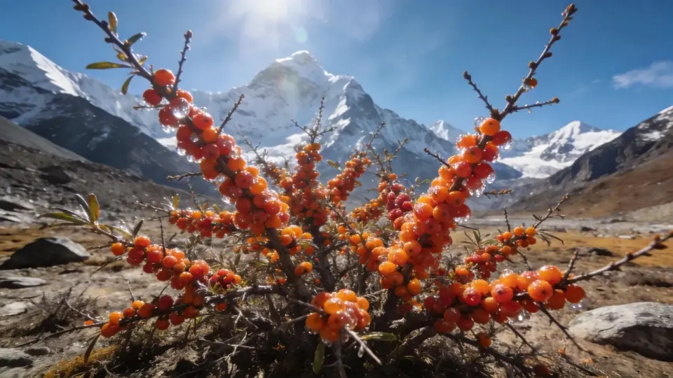The scene of the sandberry branches thriving in the thin, high-altitude air