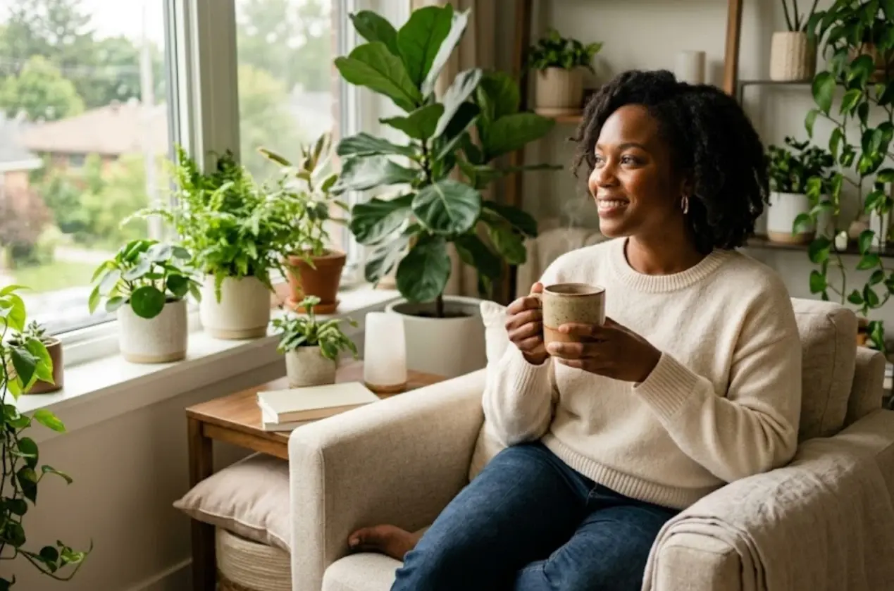 A woman in her ovulation period uses herbal tea to alleviate hormonal imbalance