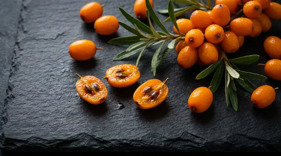 Flat lay of sliced open premium organic sea buckthorn berries, revealing glistening pulp and seeds