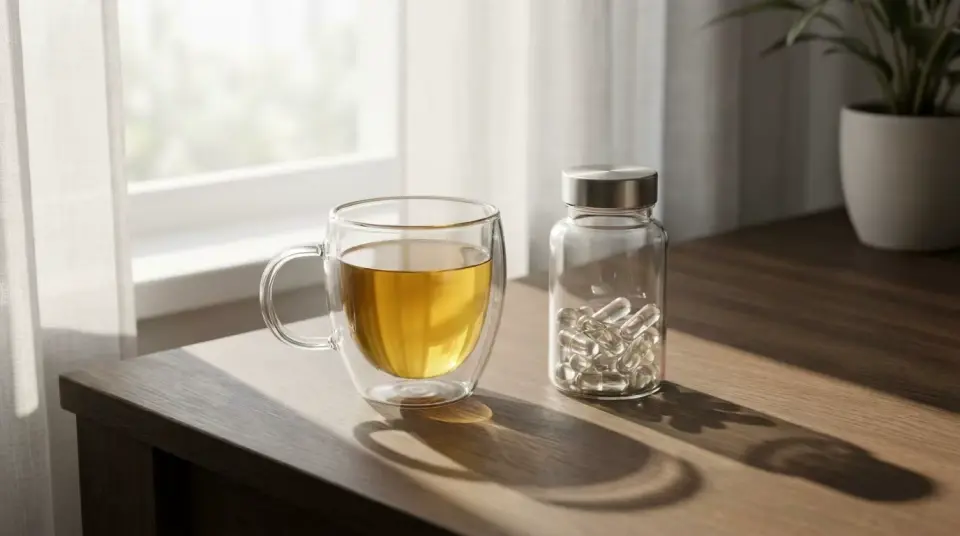A transparent double-walled glass cup of warm tea and a glass capsule bottle on a minimalist table with morning light