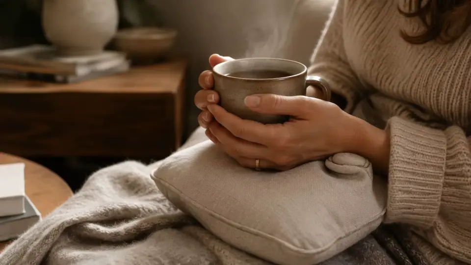 A Woman Hand Cup Warm Tea Mug on Lap for Menstrual Comfort
