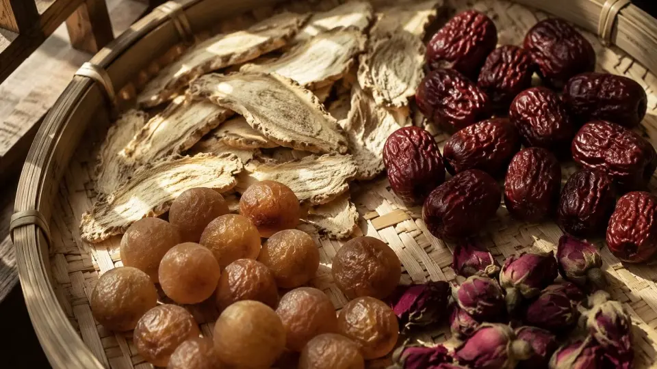 Raw Jujube Red Dates Ginger Slices and Rose Buds on Bamboo Sieve Raw Jujube Red Dates Ginger Slices and Rose Buds on Bamboo Sieve