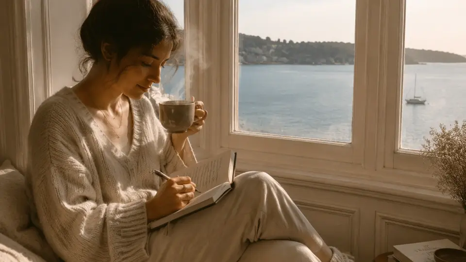 A Woman Sitting Comfortably by Sunny Window Writing in Journal and Holding Tea A Woman Sitting Comfortably by Sunny Window Writing in Journal and Holding Tea