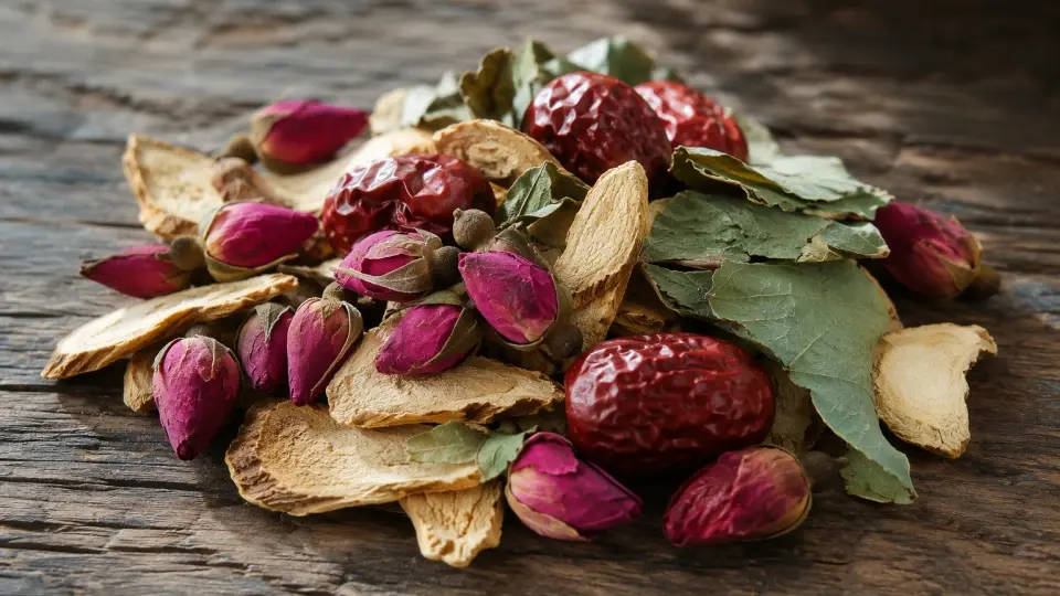 Raw Pink Rose Buds, Ginger Slices, Red Dates, and Green Lotus Leaves Raw Pink Rose Buds, Ginger Slices, Red Dates, and Green Lotus Leaves