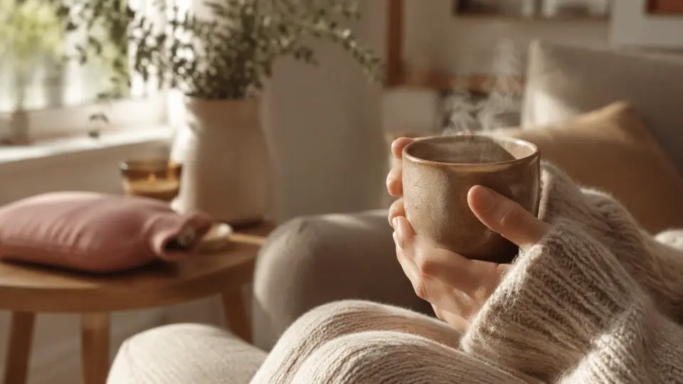 A Woman Gently Cupping a Warm Steaming Ceramic Mug of Tea A Woman Gently Cupping a Warm Steaming Ceramic Mug of Tea