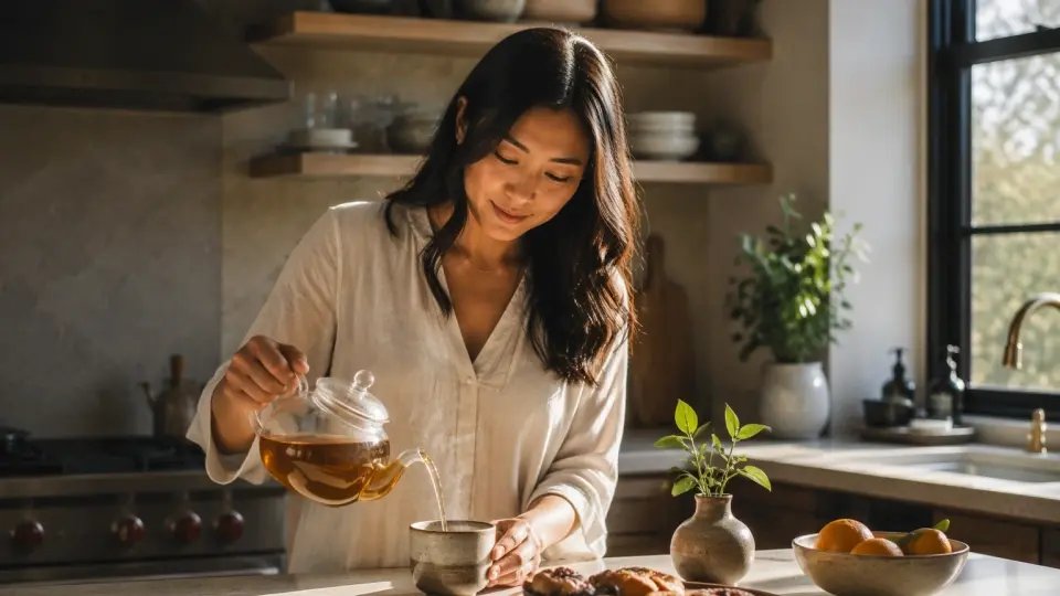 A Woman Hand Pouring Warm Tea in a Beautiful Sunlit Kitchen A Woman Hand Pouring Warm Tea in a Beautiful Sunlit Kitchen