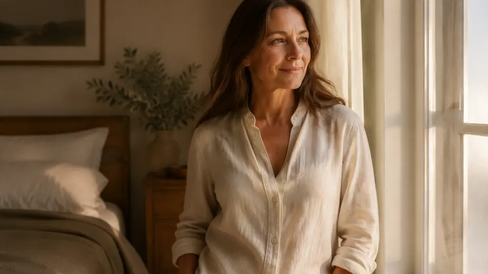 A Serene, Confident Woman in Her Late 40s Smiling with Relief by Sunny Window
