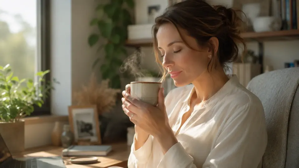 A Professional Woman in Cozy Home Office Resting Her Eyes and Cupping a Warm Mug A Professional Woman in Cozy Home Office Resting Her Eyes and Cupping a Warm Mug