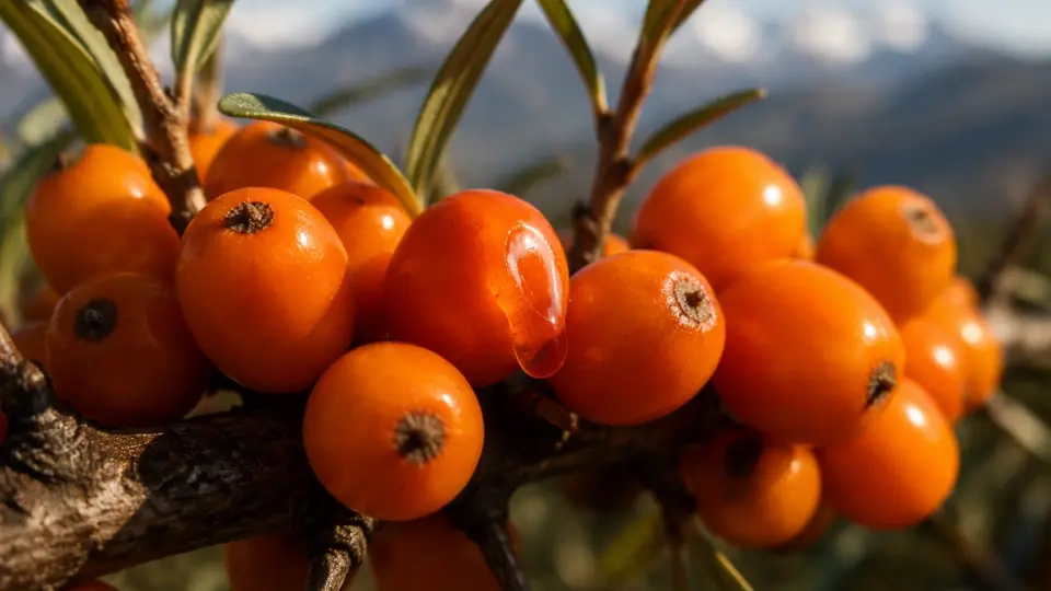 Close-up of Vibrant Himalayan Sea Buckthorn Berries with Glistening Oil Droplets on Branch