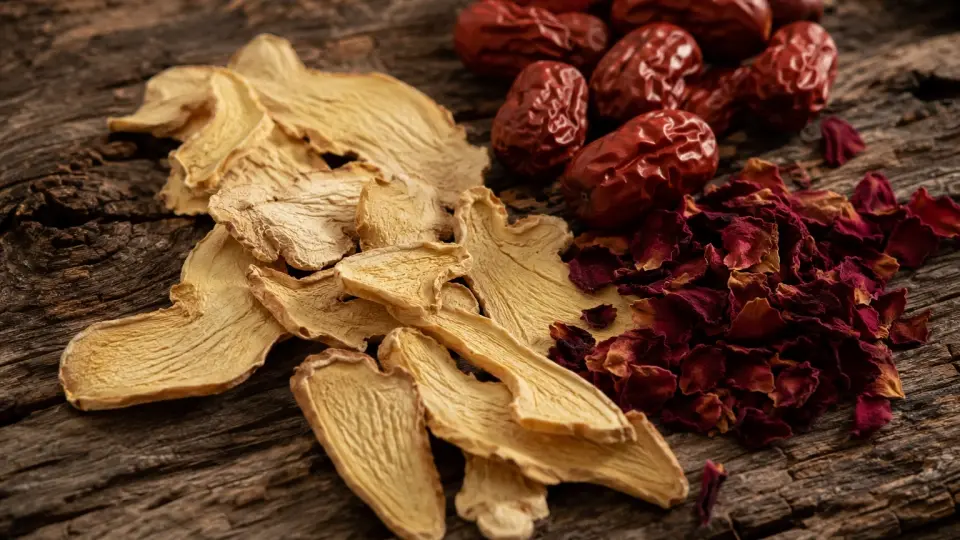 A Beautifully Selected Platter of Whole Red Dates, Dried Ginger Slices, and Rose Petals A Beautifully Selected Platter of Whole Red Dates, Dried Ginger Slices, and Rose Petals