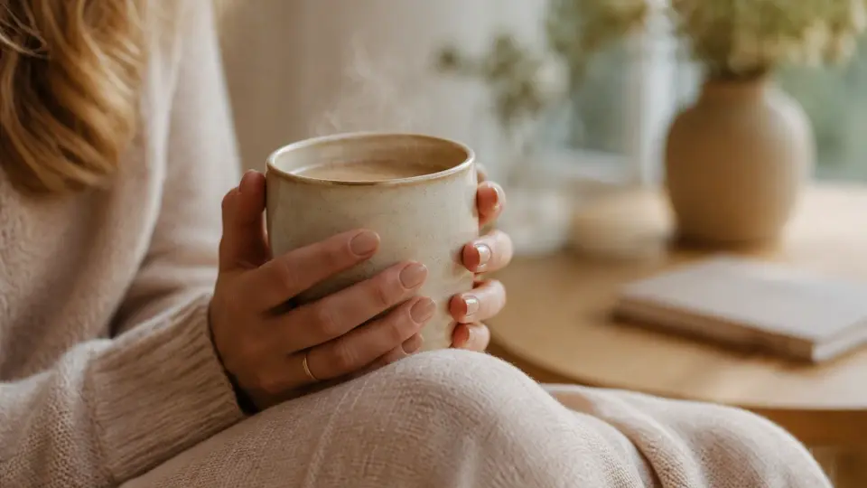 A Woman Gently Cupping a Warm Steaming Ceramic Mug of Tea for Menstrual Comfort A Woman Gently Cupping a Warm Steaming Ceramic Mug of Tea for Menstrual Comfort