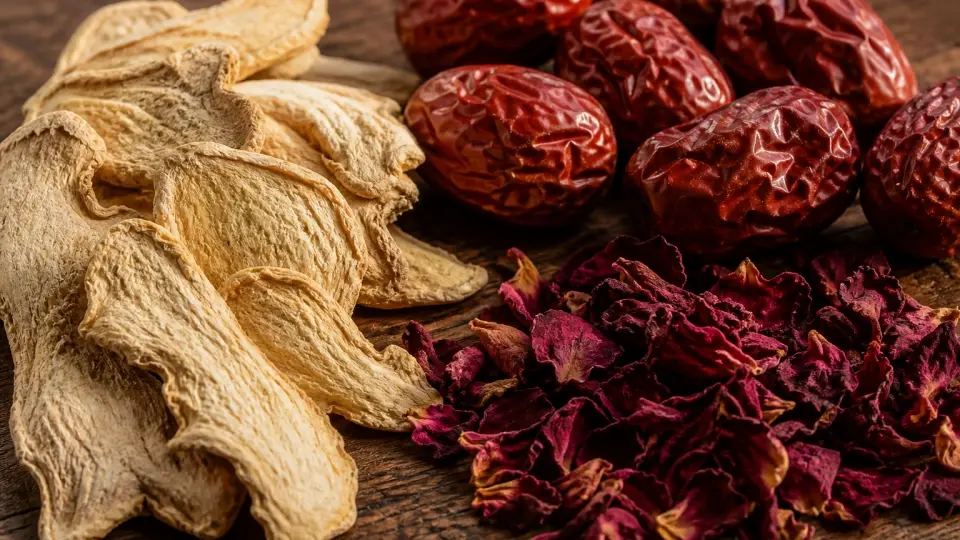 A Beautiful Selection of Whole Red Dates, Dried Ginger Slices, and Rose Petals