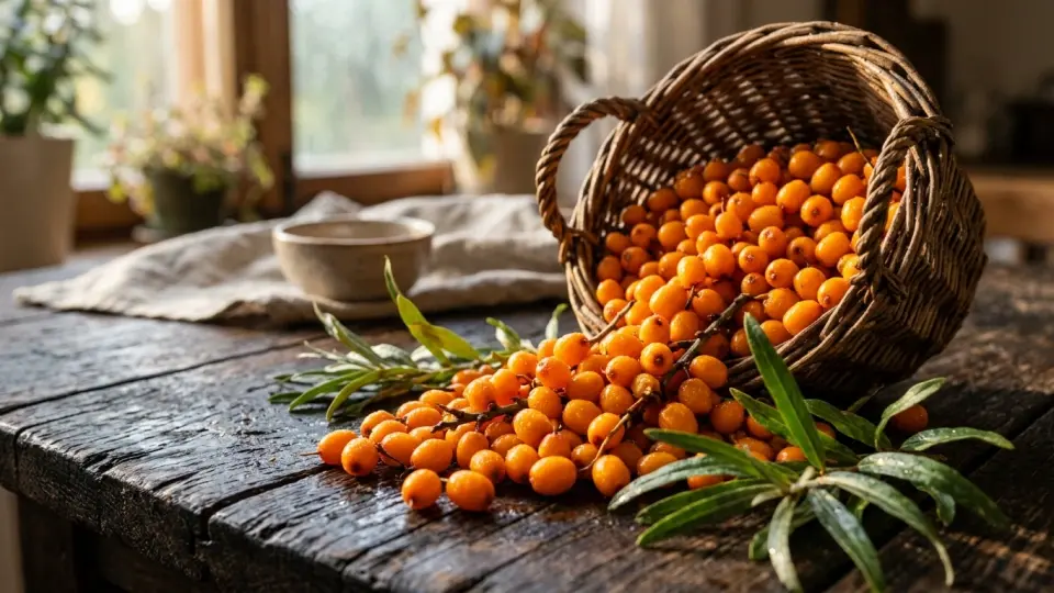 Freshly Harvested Plump Himalayan Sea Buckthorn Berries Spilling From a Woven Wicker Basket Freshly Harvested Plump Himalayan Sea Buckthorn Berries Spilling From a Woven Wicker Basket
