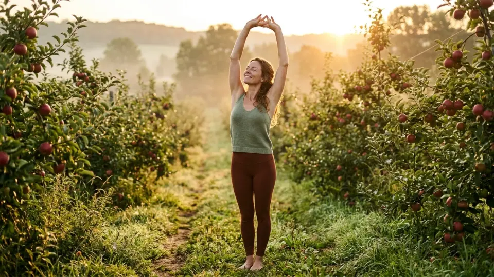 A Woman Stretching Peacefully in a Sunny Orchard During Sunrise for Daily Vitality A Woman Stretching Peacefully in a Sunny Orchard During Sunrise for Daily Vitality