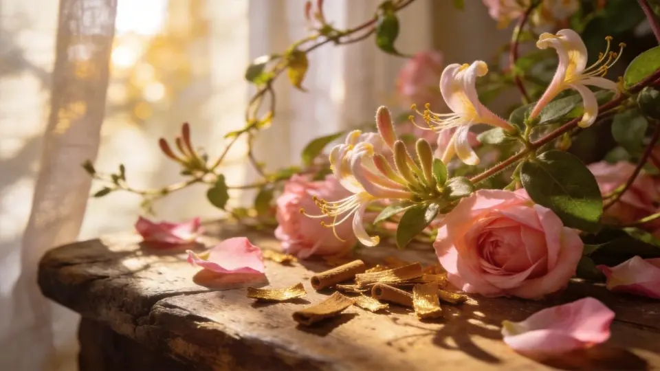 An aesthetic depiction of blooming honeysuckle, soft pink rose petals, and golden cinnamon bark reflecting pure morning light