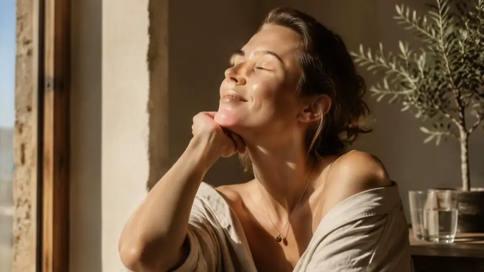 An elegant woman resting by a sunlit window, eyes closed An elegant woman resting by a sunlit window, eyes closed