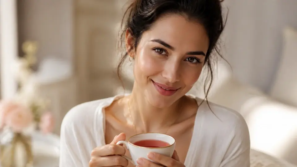 A radiant, healthy woman enjoying a warm cup of Bloom Hormone Balance Tea during her ovulatory window A radiant, healthy woman enjoying a warm cup of Bloom Hormone Balance Tea during her ovulatory window