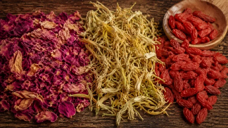 Elegantly arranged dried rose petals, golden honeysuckle flowers, and red goji berries on dark rustic wood Elegantly arranged dried rose petals, golden honeysuckle flowers, and red goji berries on dark rustic wood