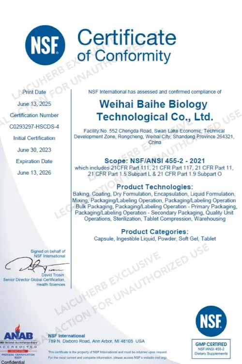NSF cGMP Facility certificate NSF cGMP Facility certificate