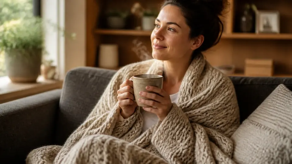 A relaxed woman wrapped in a warm knit blanket holding a steaming cup of Ease Period Comfort Tea on a sofa A relaxed woman wrapped in a warm knit blanket holding a steaming cup of Ease Period Comfort Tea on a sofa