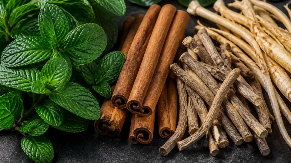 Premium whole-cut spearmint leaves, rich textured cinnamon bark, ashwagandha, and white asparagus roots on dark slate Premium whole-cut spearmint leaves, rich textured cinnamon bark, ashwagandha, and white asparagus roots on dark slate