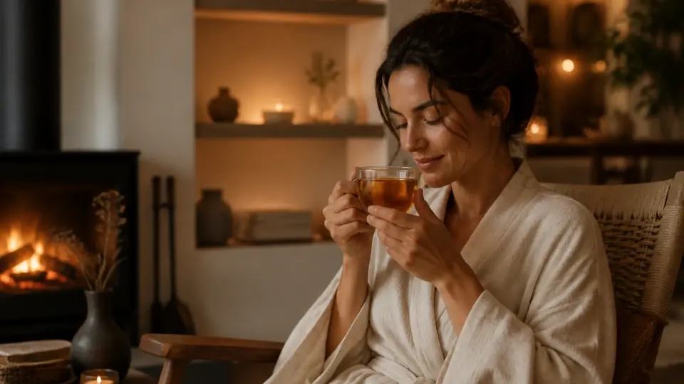 An elegant woman calmly enjoying a warm, relaxing cup of Spearmint Cinnamon tea in a serene setting