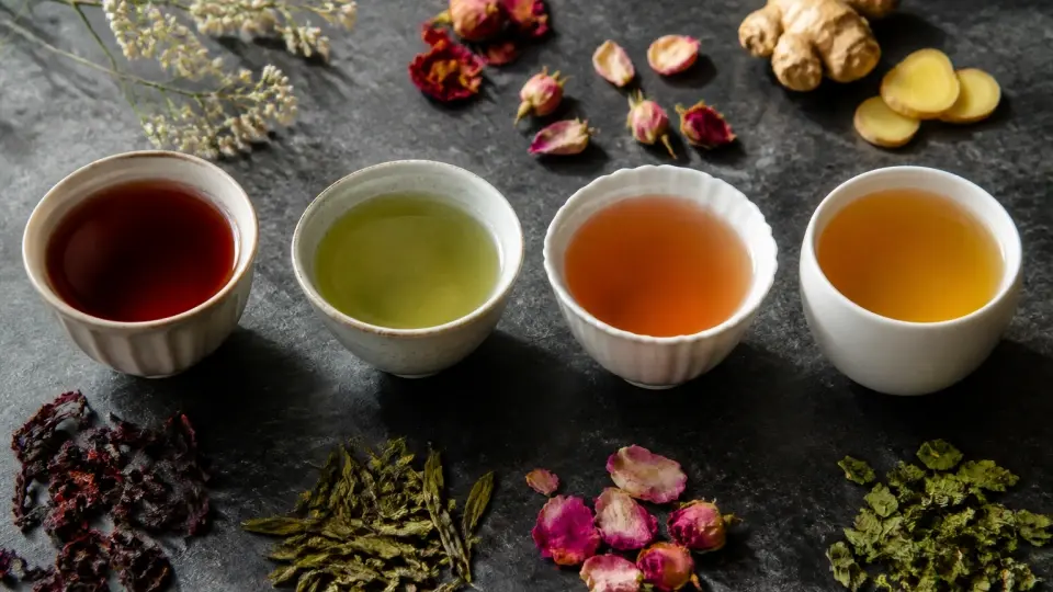 Four elegant cups of Laicuherb Cycle Teas of varying colors arranged in chronological cycle phases with botanicals Four elegant cups of Laicuherb Cycle Teas of varying colors arranged in chronological cycle phases with botanicals