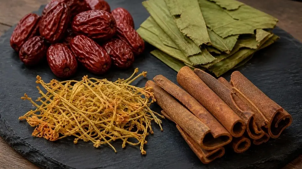 A detailed close-up shot of raw red dates, green lotus leaves, golden honeysuckle, and textured cinnamon bark representing the four teas A detailed close-up shot of raw red dates, green lotus leaves, golden honeysuckle, and textured cinnamon bark representing the four teas