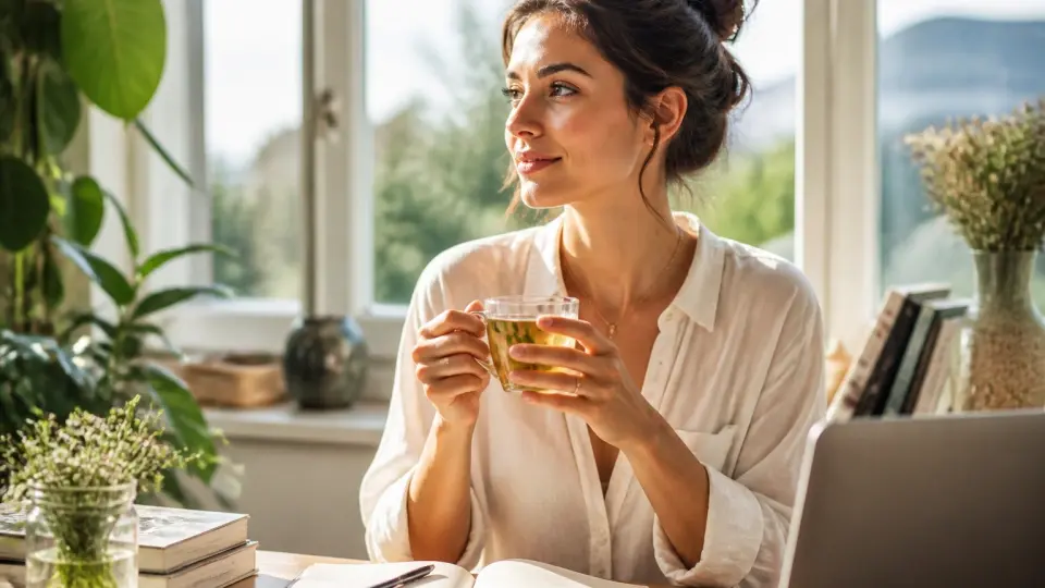 A focused, clear-headed woman enjoying a warm cup of Pure Energy & Refreshing Tea by a sunlit window A focused, clear-headed woman enjoying a warm cup of Pure Energy & Refreshing Tea by a sunlit window