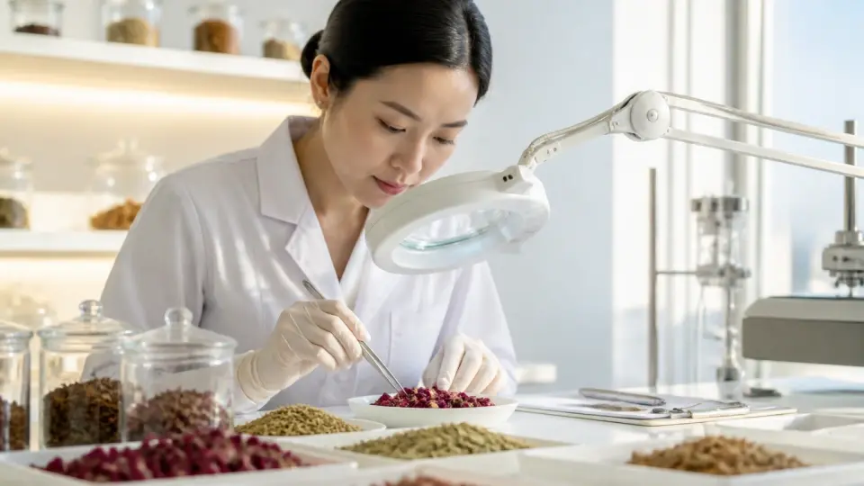 A professional botanist carefully inspecting high-grade raw herbs in a sterile laboratory environment