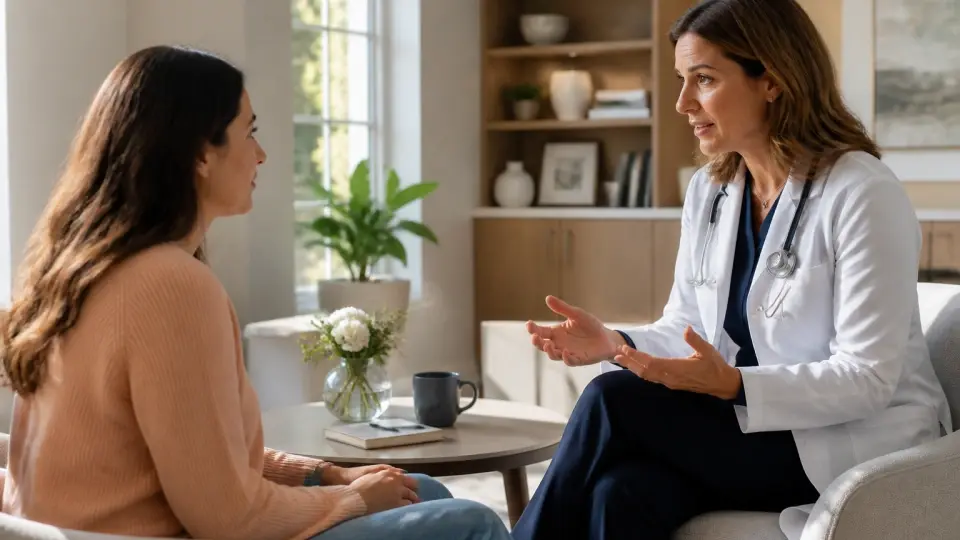 A professional and empathetic medical consultation between a doctor and a patient in a warm, comforting clinic