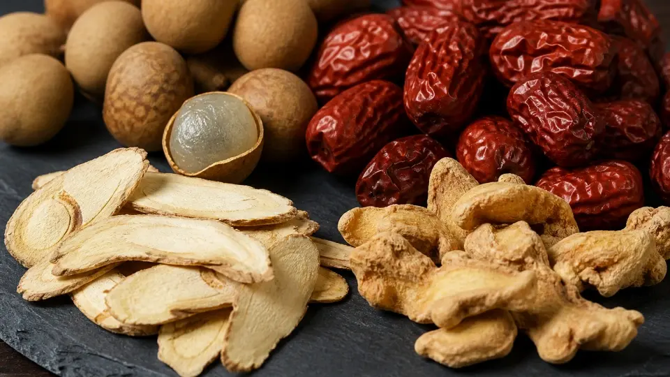 Clean and pristine dried longan, dates, angelica, and ginger on dark slate