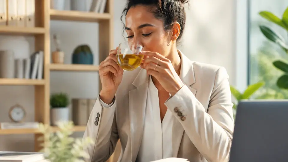 A focused, healthy woman enjoying a warm cup of Pure Energy & Refreshing Tea during her day break
