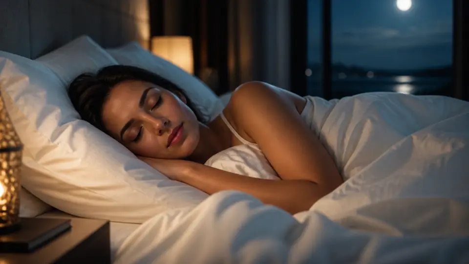 An elegant woman sleeping peacefully and deeply in a cozy bed during her luteal phase