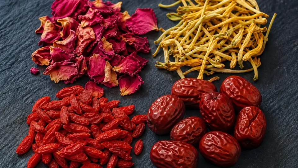 A highly clean macro photo of dried pink rose petals, golden honeysuckle, red goji, and red dates A highly clean macro photo of dried pink rose petals, golden honeysuckle, red goji, and red dates