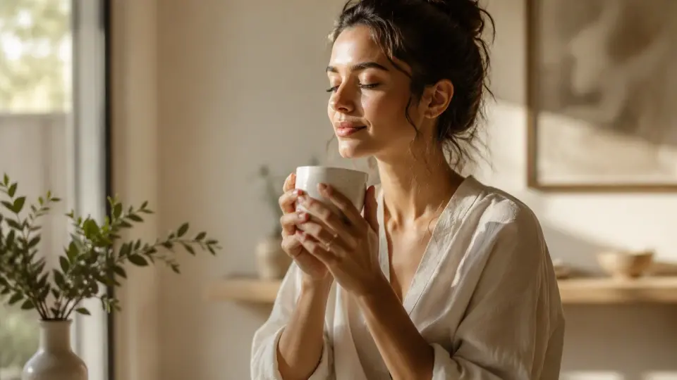 A serene woman calmly enjoying a peaceful morning cup of tea in a minimalist setting