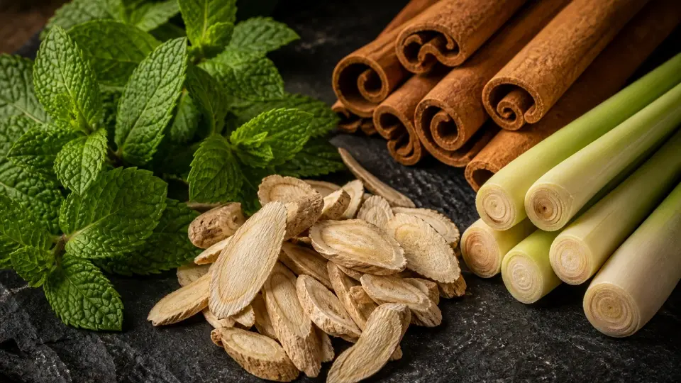 Clean whole-cut raw botanicals of ashwagandha roots, spearmint leaves, cinnamon, and lemongrass
