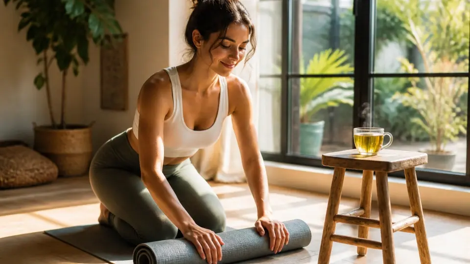 A serene wellness scene of a woman rolling up her yoga mat with a steaming cup of golden-green Pure Tea nearby